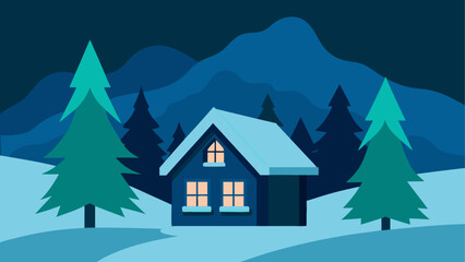 Winter scene with house trees and mountains