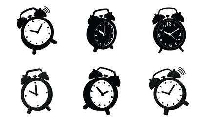 Set of angled 3d black and white silhouette alarm clock vector icons isolated on white