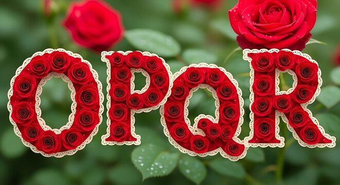 Floral Alphabet Art - Red Roses Forming Letters O, P, Q, R on Green Background.