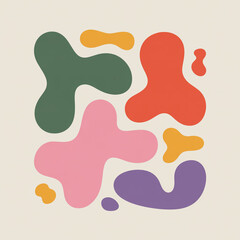 A vibrant and playful abstract composition featuring organic shapes in a harmonious blend of green, pink, orange, red, and purple hues