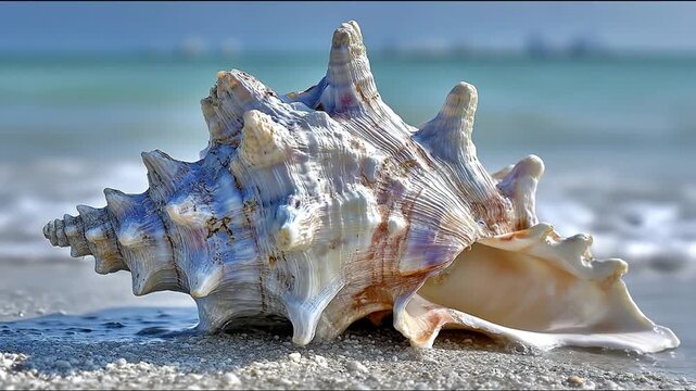 Detailed seashell on a sandy beach with calm ocean background