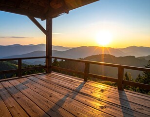 Wooden mountaintop porch at sunrise
