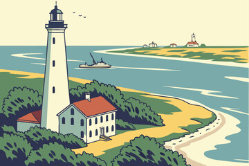Pensacola Lighthouse in Florida, white tower overlooking Gulf waters with naval base in distance