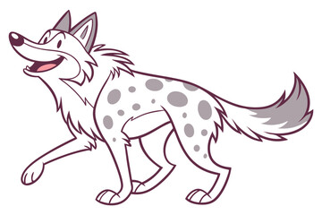 Animated Wolf with Grey Spots Walking on White Background Outline Style