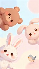 Obraz premium A fun, playful background with cartoon characters in soft pastel colors, ideal for children’s products and spaces.