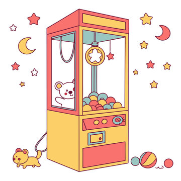 Colorful cartoon claw machine with teddy bear and toys