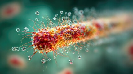A highly detailed 3D microscopic render of microorganisms or bacteria. The image shows red and green cells with visible flagella or hairs, creating an intense and visually dramatic scientific illustra