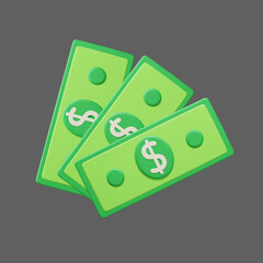 Green banknote with dollar sign 3D style vector illustration. Fan of cash, paper money bills, income profit 3D icon. International stable currency bills, budgeting finance investment concept.
