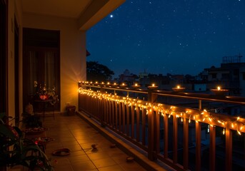 Obraz premium A balcony railing adorned with warm, glowing fairy lights under a starry night sky, creating a magical ambiance for diwali