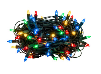 Tangled christmas lights isolated on white background, close up view