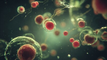 A highly detailed 3D microscopic render of microorganisms or bacteria. The image shows red and green cells with visible flagella or hairs, creating an intense and visually dramatic scientific illustra