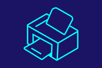 Obraz premium The image shows a 3D neon-style printer icon. It is outlined with cyan blue glowing lines against a dark navy background, giving it a modern and futuristic look