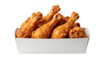 Crispy fried chicken drumsticks served in white container, showcasing delicious and appetizing meal. Perfect for gatherings or casual dining