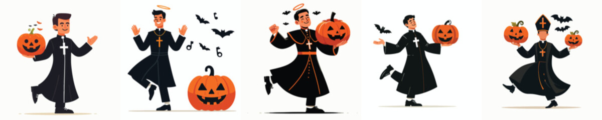 vector of a man in a priest costume dancing at a Halloween celebration
