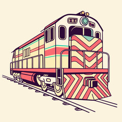 Colorful retro diesel locomotive on tracks vector train © rabby