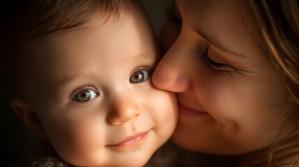 Loving mother embraces her smiling baby, showcasing warmth and connection in soft lighting