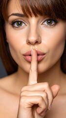 Naklejka premium Close-up portrait of a woman with a hush gesture