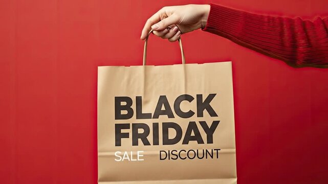 Close-up of a hand holding a paper shopping bag printed with promotional text against a red backdrop