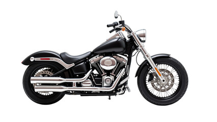 Obraz premium Sleek black motorcycle with chrome accents, featuring low slung design and powerful engine. bike showcases classic style, perfect for cruising