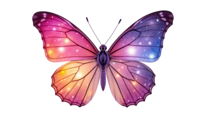 Vibrant butterfly with cosmic design featuring shades of pink, purple, and blue, adorned with sparkling stars, symbolizes beauty