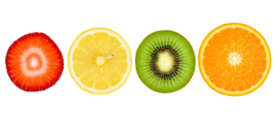 A colorful row of fresh fruit slices including strawberry, lemon, kiwi, and orange. Isolated on transparent background, png