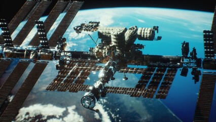 High above Earth, a magnificent spacecraft glimmers against the cosmos, showcasing advanced technology and human ingenuity in low Earth orbit. A breathtaking view of our planet unfolds below. © icetray