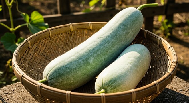 Freshly Harvested Winter Melon Lying in a Bamboo Basket at a Rural Farm, With Natural Sunlight Highlighting Its Smooth Green Skin