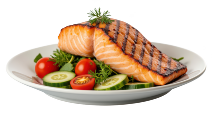 Grilled salmon fillet served on plate with fresh vegetables, including cherry tomatoes and cucumber slices, garnished with herbs