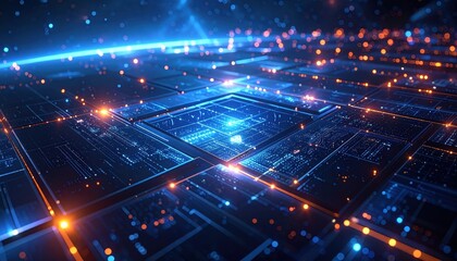 A futuristic, detailed view of a complex network of interconnected circuitry, illuminated by vibrant blue and orange lights, creating a captivating and dynamic digital landscape.
