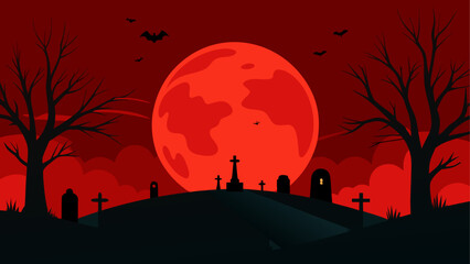 Red moon over a graveyard at halloween night