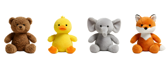 A charming collection of plush animal toys featuring a bear, duck, elephant, and fox sitting in a row. Isolated on transparent background, png