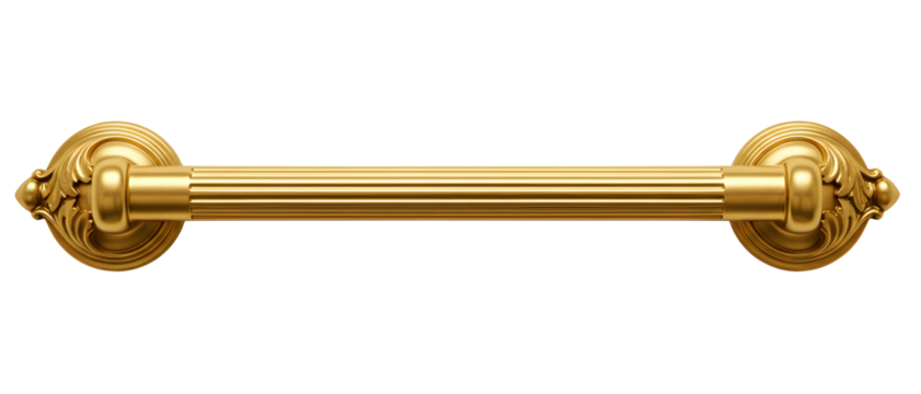Elegant gold towel rail with ornate vintage details, a classic bathroom accessory. Isolated on transparent background, png