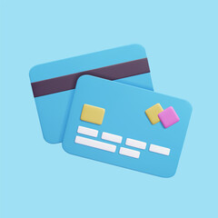 Blue 3D credit card vector render illustration. Contactless payment, safe secure transaction, e commerce, online banking concept. Digital electronic money finance. 3D render.