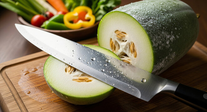 Winter Melon Sliced With Knife Emphasizing Home Cooking Nutrition and Importance of Fresh Vegetable Meals