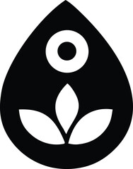 Abstract black and white symbol for growth and purity featuring a droplet shape with organic leaf elements and a central circular design representing nature and life force