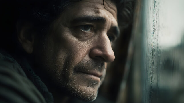 Middle-aged man with thoughtful expression gazing out window during rainy day, reflecting on life