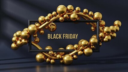 Gold text for a major shopping day set in a black frame and entwined with golden tubes and metallic orbs against a dark shadowy backdrop