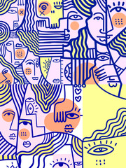 Abstract doodle outline face portrait wall art Cubism  vector illustration. Line art design for poster print, card, art print, cover, decoration.