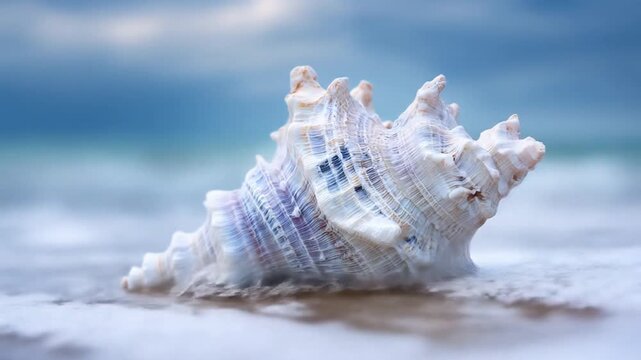 Close up of a delicate seashell resting on a sandy beach