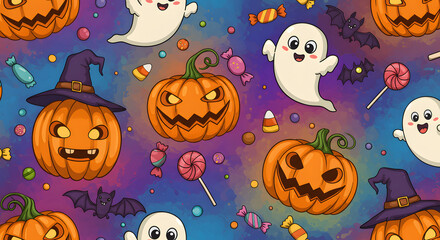 Fototapeta premium Cute Halloween pattern with Pumpkins Ghosts Bats