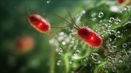 A highly detailed 3D microscopic render of microorganisms or bacteria. The image shows red and green cells with visible flagella or hairs, creating an intense and visually dramatic scientific illustra