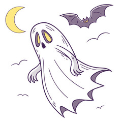 Cute ghost and bat flying under a yellow moon night