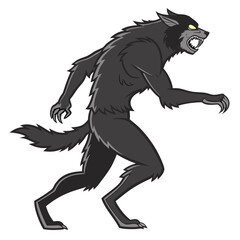 Dark werewolf with yellow eyes snarling on white background