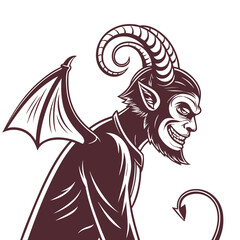 Demon with ram horns and bat wings smiling devil monster