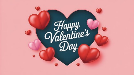 Happy valentine’s day background with floating 3d hearts and large blue cutout heart shape on pink romantic background