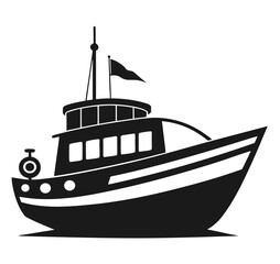 Illustration of a fishing boat in black and white