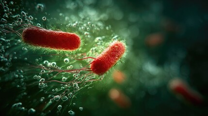 A highly detailed 3D microscopic render of microorganisms or bacteria. The image shows red and green cells with visible flagella or hairs, creating an intense and visually dramatic scientific illustra
