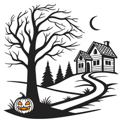 Halloween pumpkin and spooky house silhouette with moon