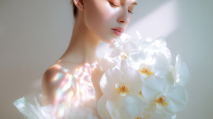 Fototapeta na wymiar Woman with white orchid flowers for wedding bridal beauty portrait. Elegant bride with glowing skin and natural makeup. Luxury fashion and romantic floral concept for marriage celebration.