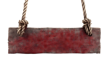 Old red horror wooden sign with rough texture and ropes, isolated on transparent cutout background